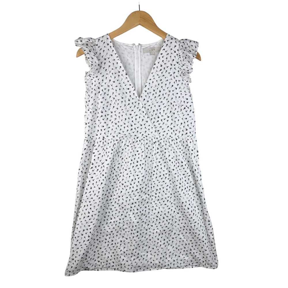 LOFT Petite Women's‎ Eyelet Ruffle Sleeve Crossover Dress size 2P White Black